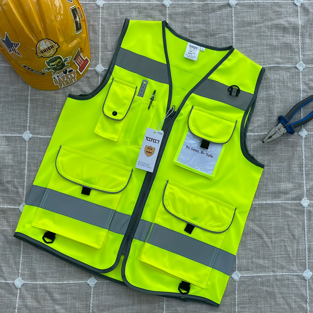 1pc 120g Premium Fabric 9 Pockets High Visibility Reflective Safety Vest For Men Women, Meets ANSI/ISEA Standards, Hi Vis Construction Work Vest For Surveyors, Drivers And Warehouse
