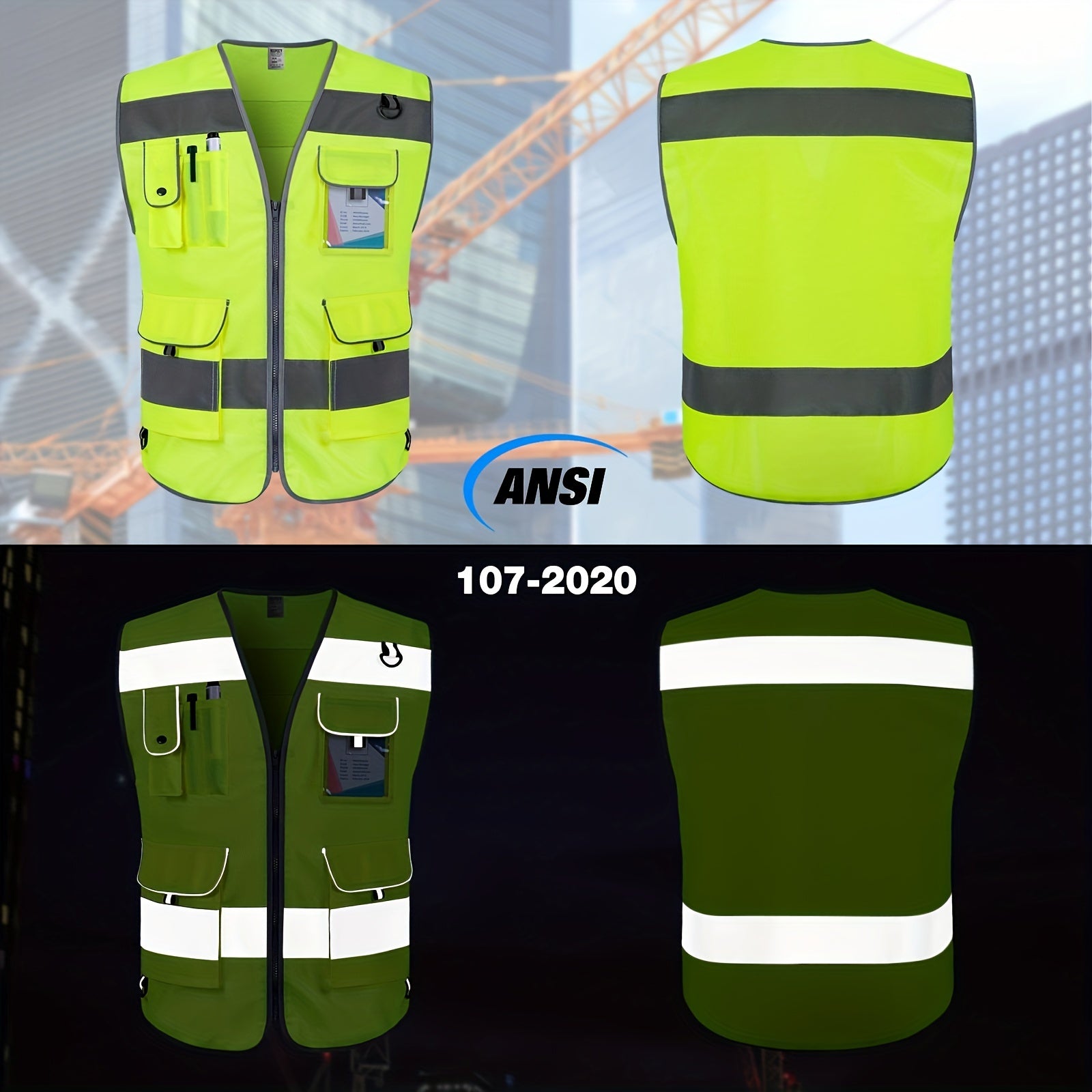 1pc 120g Premium Fabric 9 Pockets High Visibility Reflective Safety Vest For Men Women, Meets ANSI/ISEA Standards, Hi Vis Construction Work Vest For Surveyors, Drivers And Warehouse