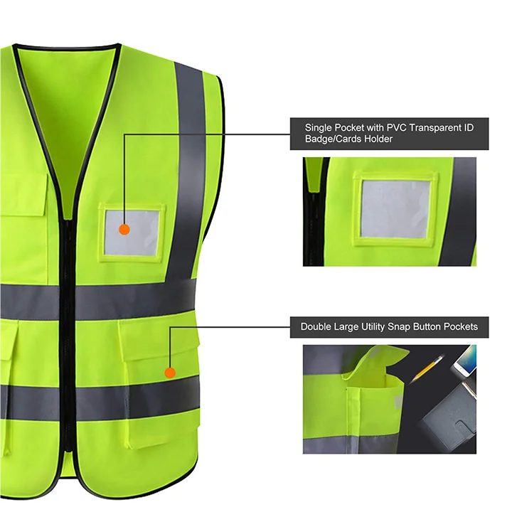 ZUJA in Stock Fast Shipping Lightweight Polyester Fluorescent Hi Vis Reflective Safety Vest Practical Multi Pocket Safety Vest