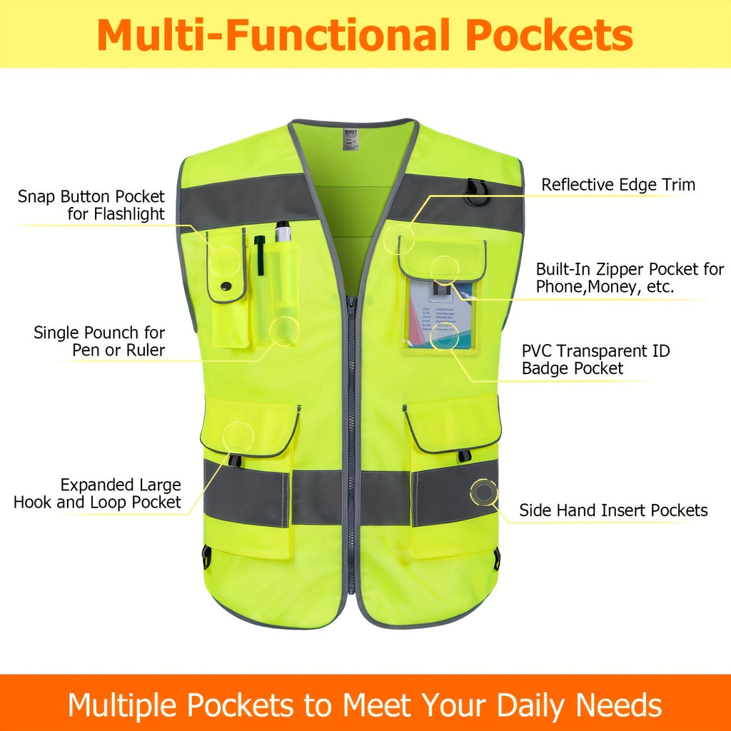 1pc 120g Premium Fabric 9 Pockets High Visibility Reflective Safety Vest For Men Women, Meets ANSI/ISEA Standards, Hi Vis Construction Work Vest For Surveyors, Drivers And Warehouse